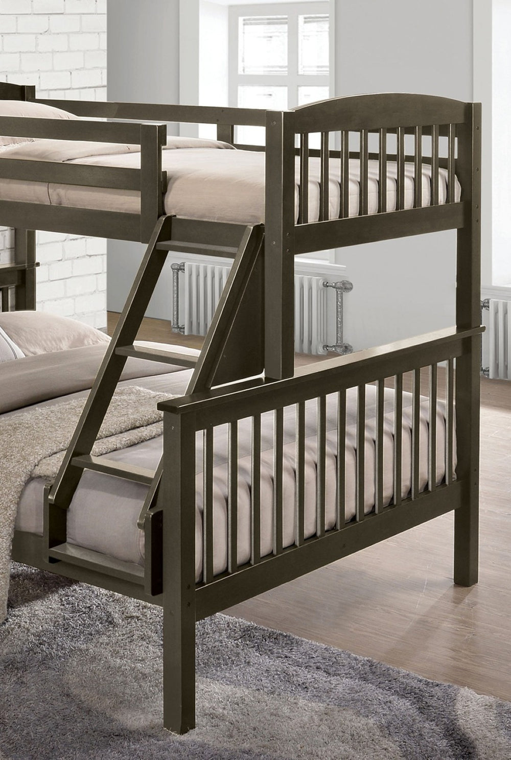 English Elm Transition Twin Full Bunk Bed With Modern Slat Design, Angled Ladder, Safe Gray Finish For Kids B2741S00274-GIGA