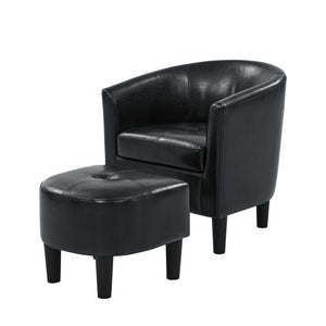 English Elm PU PU Leather Barrel Chair with Ottoman Modern Faux Leather Accent Seat Set Kiln-Dried Wood Frame, Rounded Back for Comfort and Stylish Living Room Appeal Black PU B343P317238