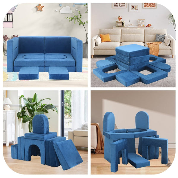 English Elm 12 Piece Modular Foam Play Couch Set Velvet Convertible Sofa Fort for Kids Playroom Blue T5880P493402