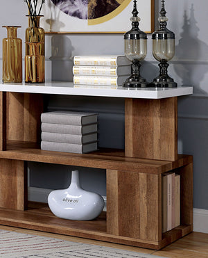 English Elm Modern Sculpted Sofa Table with Two-Tone Finish, Open Shelves for Display and Minimalist Storage Elegance Natural,White 51 L x 21 W x 7 H B2741P357610