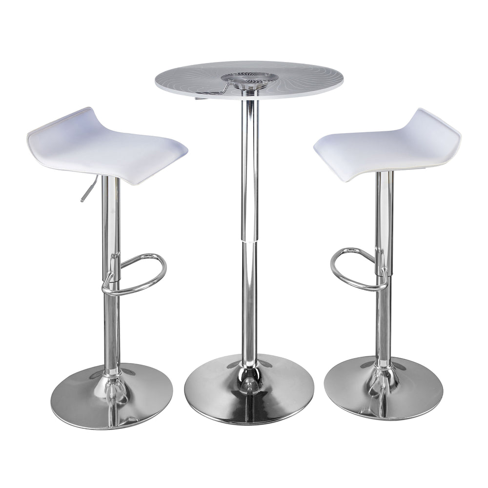 English Elm Spyra-Ale Modern Adjustable 3-Piece Bar Set with Etched Acrylic Light-Up Table, Chrome Frame, White PVC Upholstery B202S01475