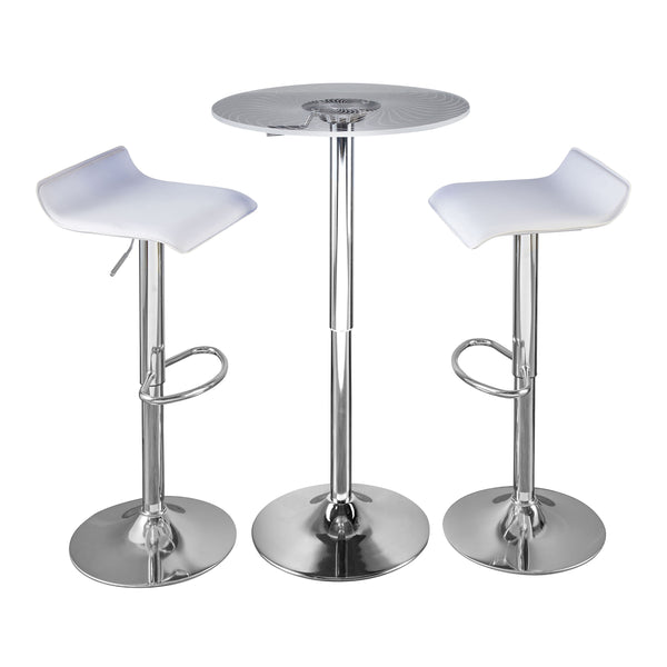 English Elm Spyra-Ale Modern Adjustable 3-Piece Bar Set with Etched Acrylic Light-Up Table, Chrome Frame, White PVC Upholstery B202S01475