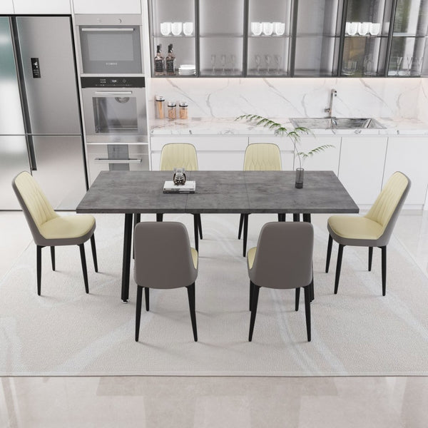 English Elm 55.12-70.87" Expandable Dining Set 7 Piece Industrial Mdf Table with Pu Upholstered Chairs Beige+Grey W2189S00912