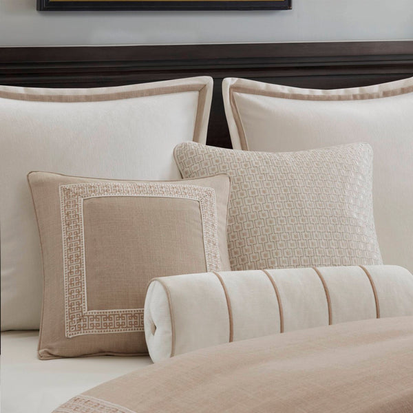 English Elm 8-piece Queen Bedding Set Slub Fabric Embroidery Velvet Accents Boutique Hotel Style Taupe B035P482953