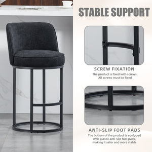 English Elm Counter Height Barstools Set of 2 Linen Upholstered Barrel Seat with Iron Legs Black W395P410438