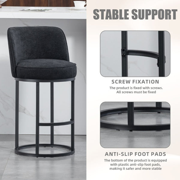 English Elm Counter Height Barstools Set of 2 Linen Upholstered Barrel Seat with Iron Legs Black W395P410438