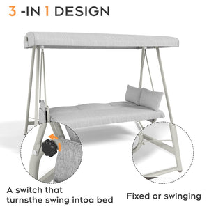 English Elm 3-in-1 Outdoor Hanging Swing Bed Steel Frame 600 Lb Capacity Adjustable Canopy Patio Lounger Champagne White W3979P394109