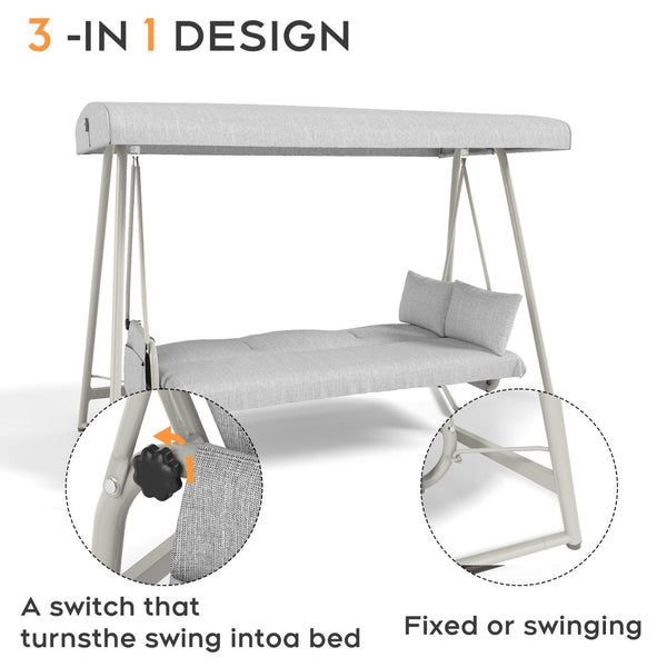 English Elm 3-in-1 Outdoor Hanging Swing Bed Steel Frame 600 Lb Capacity Adjustable Canopy Patio Lounger Champagne White W3979P394109