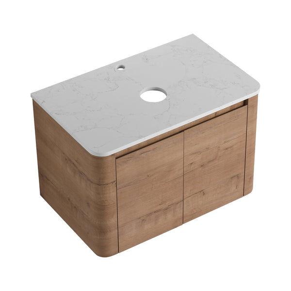 English Elm 30'' Wall-Mounted Bathroom Vanity with Soft-Close Doors, Rounded Edges, Plywood Durability, Space-Saving Imitative Oak W999P348977