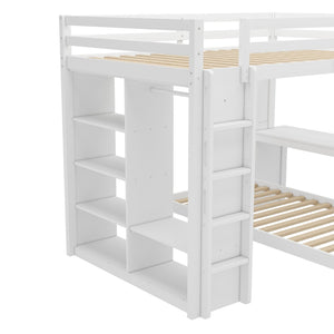 English Elm Queen Multifunctional Solid Wood Bunk Bed With Desk, Dismountable Twin Bed, Shelves & Wardrobe W1580S00214-GIGA