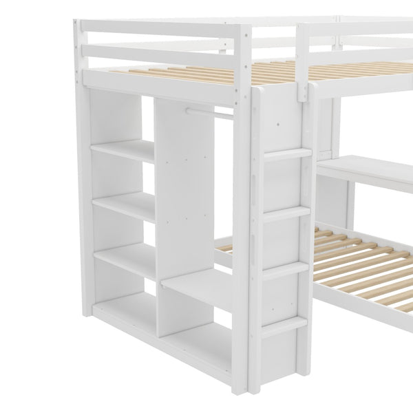 English Elm Queen Multifunctional Solid Wood Bunk Bed With Desk, Dismountable Twin Bed, Shelves & Wardrobe W1580S00214-GIGA