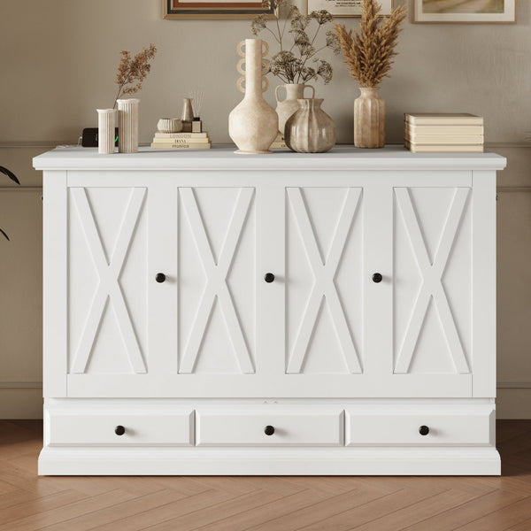 English Elm Farmhouse Pine Wood Murphy Cabinet Bed with Charging Station and Rolling Storage Drawer BS701P170503K