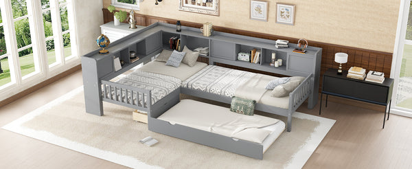 English Elm L-shaped Twin Platform Bed with Trundle, Solid Wood Corner Sleeper with Drawers, Shelves, No Box Spring Needed Grey W1580S00260