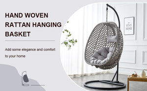 English Elm Egg Swing Chair Woven Rattan Basket Seat with Stand Cushion for Patio Bedroom W1512P498597