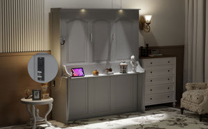 English Elm Queen Murphy Bed with Desk, Built-In LED Lights, USB Charging Ports & Space-Saving Modern Design Gray N7500004014E