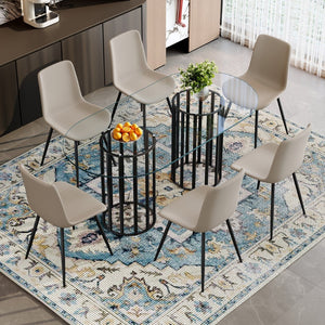 English Elm Table Set Oval Tempered Glass Top with Six Brown Fabric Chairs for Modern Dining Black,Transparent,Warm Grey W1151S04750