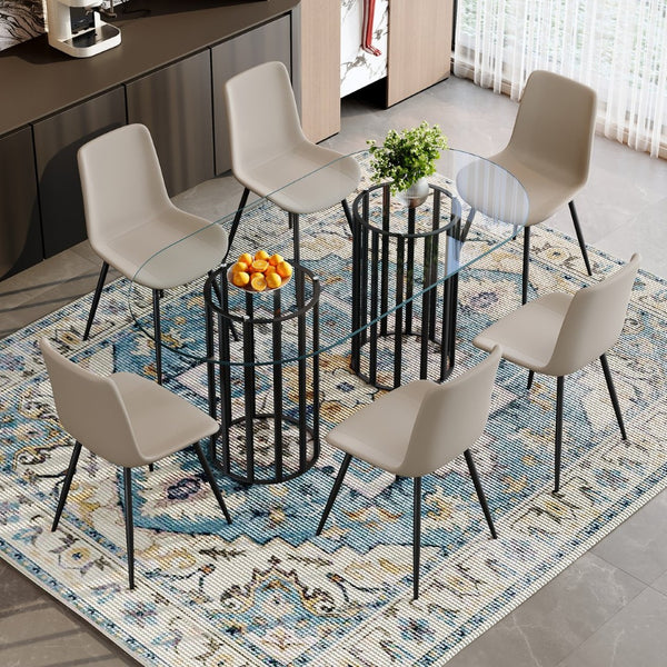 English Elm Table Set Oval Tempered Glass Top with Six Brown Fabric Chairs for Modern Dining Black,Transparent,Warm Grey W1151S04750