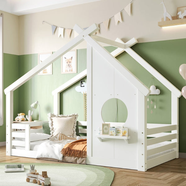 English Elm Twin House Bed Low Profile Pine Wood Frame with Shelf Montessori Kids Floor Sleeping White W5305P429642