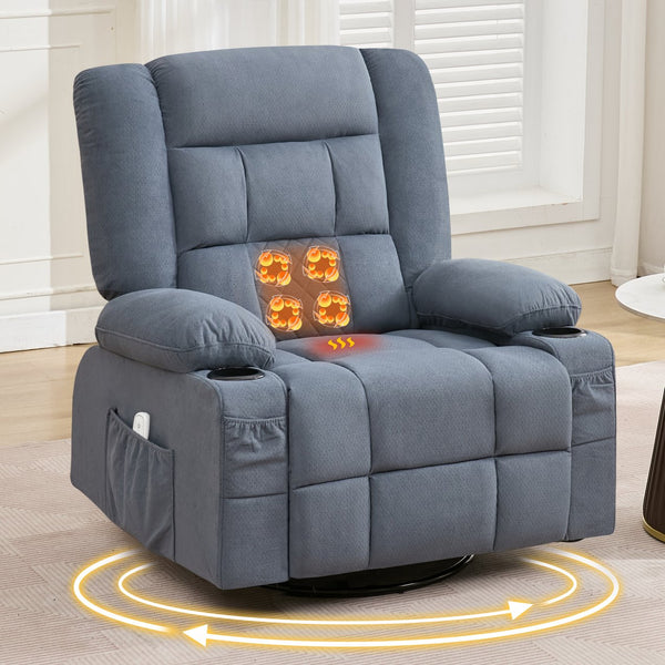 English Elm Kneading Massage Rocker Recliner with 4‑Point 3D Kneading, Heat, USB Port, Cup Holders & Swivel Comfort Blue W1521P390947