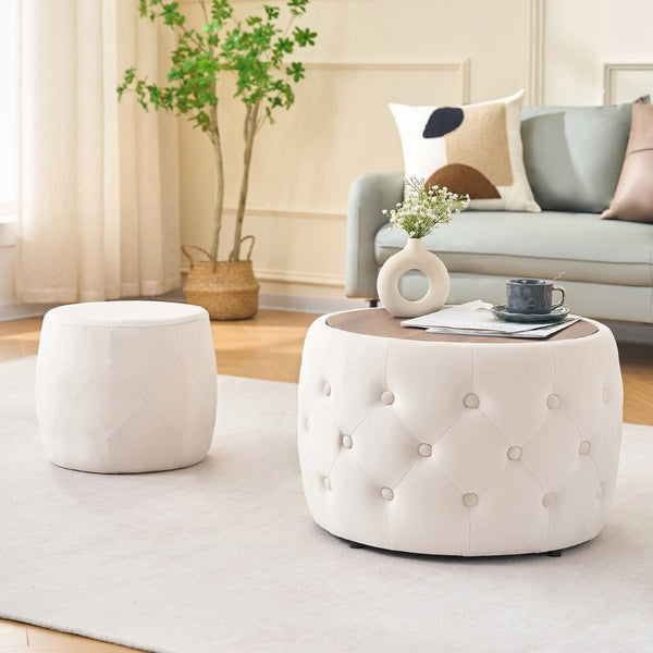 English Elm Ball Cast Round Nesting Ottoman Set Linen Upholstered Hidden Storage with Wooden Tray Beige W3163P379358