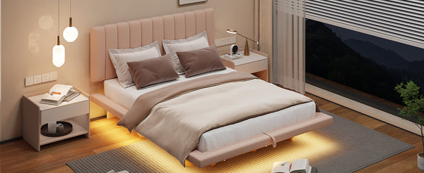 English Elm Queen Upholstered Floating Bed with LED Lighting, Hydraulic Lift, 4 Storage Drawers, Velvet Luxury Pink SF000132AAH