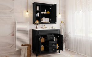 English Elm 36'' Bathroom Vanity with Sink and Mirror Cabinet, Modern MDF & Solid Wood Design, Ceramic Top, Soft-Close Doors Black SW000115AAB-1