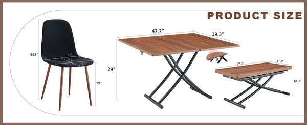 English Elm Table And Chair Set - Modern Adjustable Lift-Top Design, Walnut Mdf With Black Metal Legs & 4 Chairs W1151S03776-GIGA