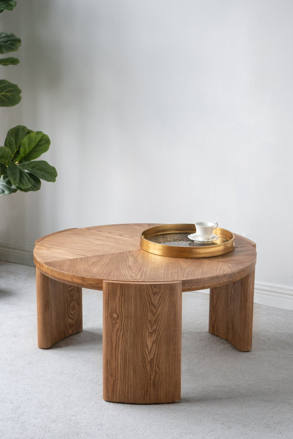 English Elm D32x16.5" Round Coffee Table with Sculptural Curved Legs, Brown Ash Veneer, Classic Architectural Charm W2078P370377