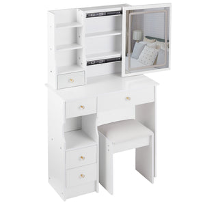 English Elm 29.2" Compact Left Drawer Vanity Table Set With Touch Control Led Mirror & Cushioned Stool For Small Spaces W3258P299611