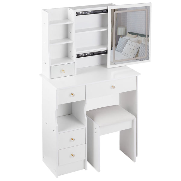English Elm 29.2" Compact Left Drawer Vanity Table Set With Touch Control Led Mirror & Cushioned Stool For Small Spaces W3258P299611