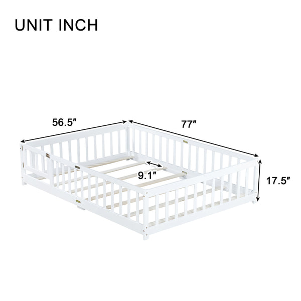 English Elm Full Size Floor Bed With Safety Guardrails & Convenient Door, Eco-Friendly Rubberwood Design In White W504P286379