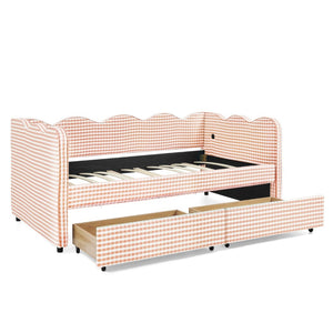 English Elm Twin Gingham Linen Daybed with Wave Silhouette Usb Port and Dual Storage Drawers Pink W1413S00142