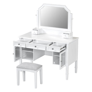 English Elm 44.4" Elegant Makeup Vanity Desk with Swivel Mirror, 5 Drawers, Cabinets & Padded Stool — White N844P292486A