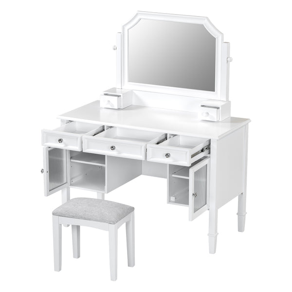English Elm 44.4" Elegant Makeup Vanity Desk with Swivel Mirror, 5 Drawers, Cabinets & Padded Stool — White N844P292486A