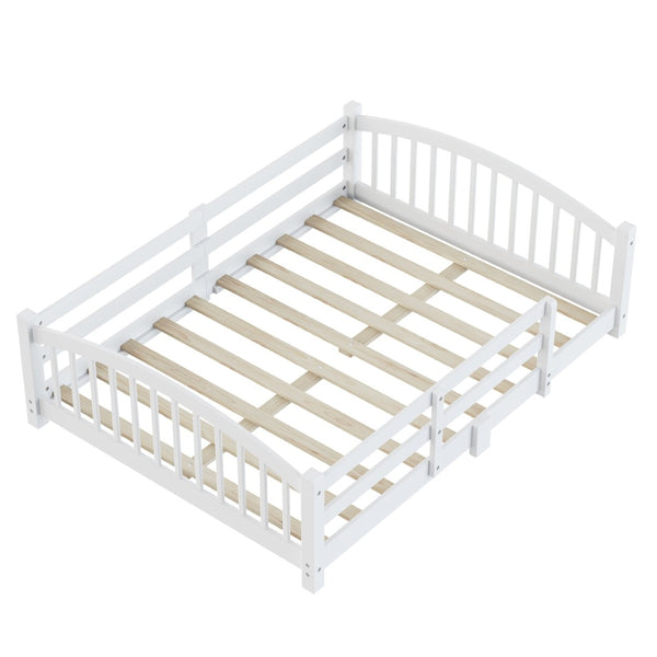 English Elm Full Montessori Pine Wood Floor Bed with Safety Rails Low Profile Kids Room Frame White N733P400299K
