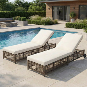 English Elm Trexm Outdoor Pe Rattan Chaise Lounge Iron Frame Poolside Chair with Adjustable Backrest Beige,Grey Brown TM000016AAN