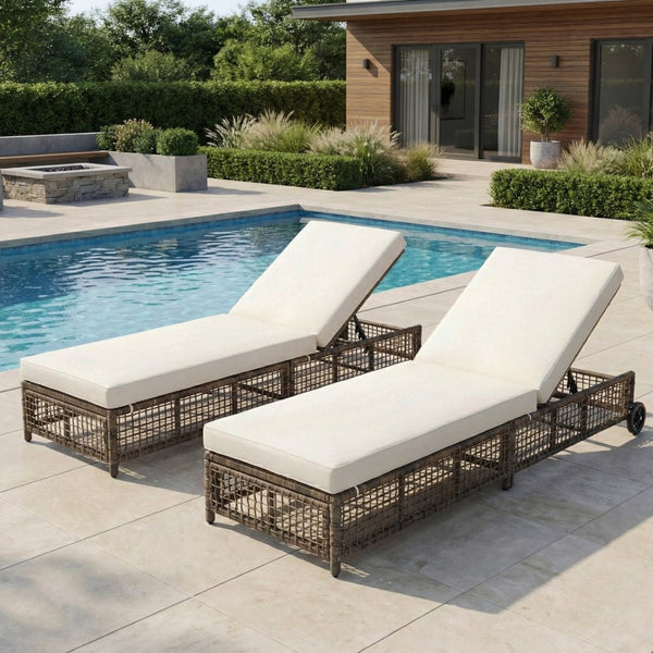 English Elm Trexm Outdoor Pe Rattan Chaise with Adjustable Backrest Cushion and Wheels for Poolside Beige,Grey Brown N715P207900N