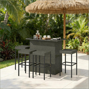 English Elm Bar Height Outdoor Wicker Patio Set with Tempered Glass Table and Four Stools Dark Gray T3971S00211