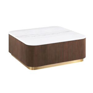 English Elm 1pc Square Genuine Marble Top Cocktail Table Fluted Plinth Base Gold Stainless Accents B2741P476071