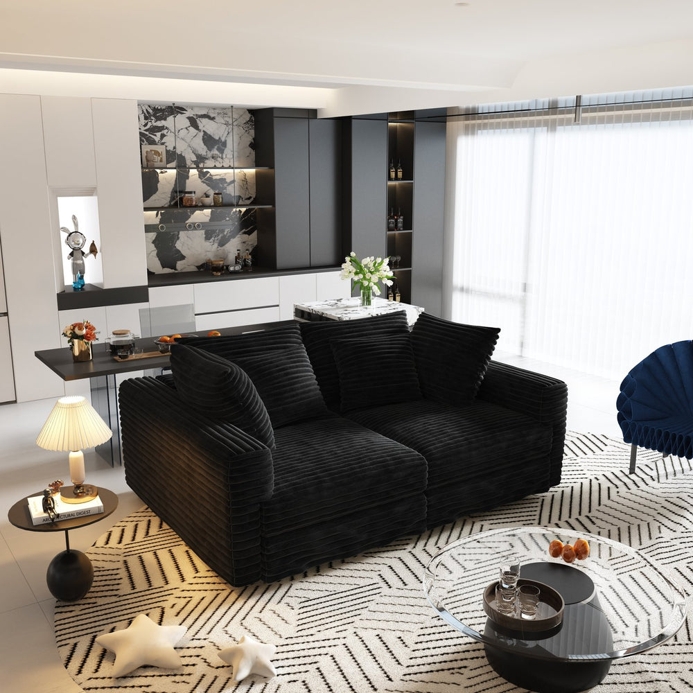 English Elm 102.4" Plush Corduroy 4-Seat Sofa — Modern Deep Seat Convertible Cloud Couch with Foam Pillows Black W1885P346911