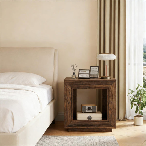 English Elm Modern Two Tier End Table Black Metal Frame Wood Grain Surface for Living Room T3971P451574
