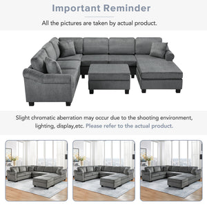 English Elm Sectional Plush chenille U-shaped sofa with pleated arms, pocket-spring seats & hidden ottoman storage Dark Gray N719S000810R