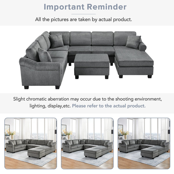 English Elm Sectional Plush chenille U-shaped sofa with pleated arms, pocket-spring seats & hidden ottoman storage Dark Gray N719S000810R