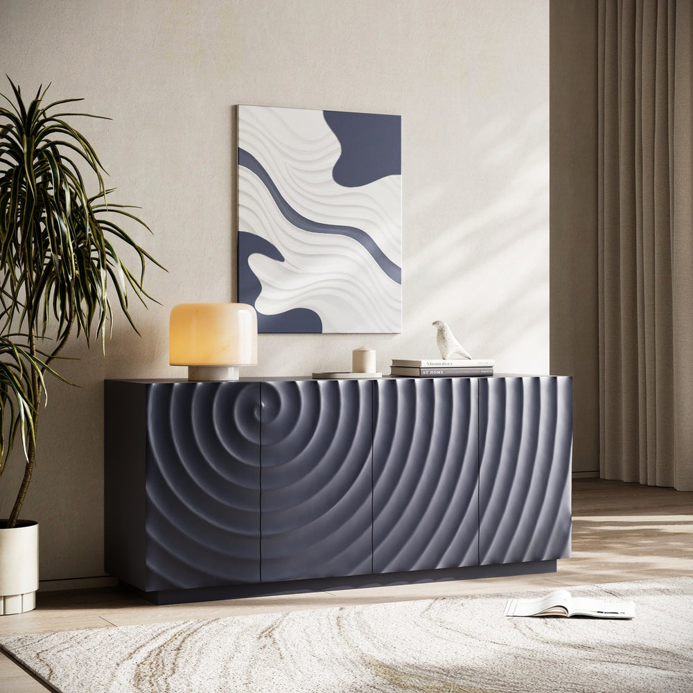English Elm Buffet Modern Minimalist 4-Door Sideboard with Open Shelves, Anti-Tip Freestanding Storage, Navy W2263P353606