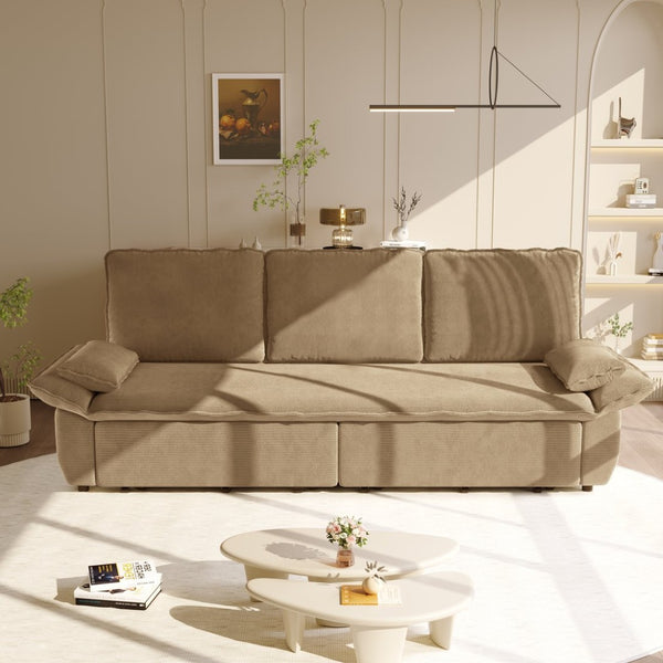 English Elm 94.5" King Convertible Sleeper Sofa Corduroy Upholstered Chaise Lounge Guest Room Bed Camel W1885S00309