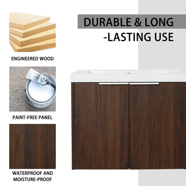 English Elm Bathroom Cabinet With Resin Sink, 24" Floating Vanity w/ Soft-Close Doors, Open Shelf Storage, Durable Eco-Friendly Finish W99952550