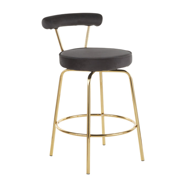 English Elm Rhonda Velvet Counter Stool with Gold Metal Frame, Art Deco Glam Swivel Seat, Set of 2, Indoor Black B202P222096