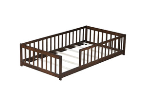 English Elm Twin Solid Rubberwood Floor Bed with Full Perimeter Safety Rails for Toddler Rooms Espresso W504P296797