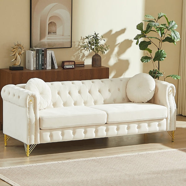English Elm 82-inch Velvet Chesterfield Sofa Tufted Button Back with Copper Studs and Gold Metal Legs Beige W834S00617