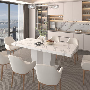 English Elm Extendable Faux Marble Dining Table with V-Legs — Sleek Expandable Conference & Kitchen Centerpiece for 6–10 White Marble W1347S00008